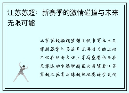 江苏苏超：新赛季的激情碰撞与未来无限可能
