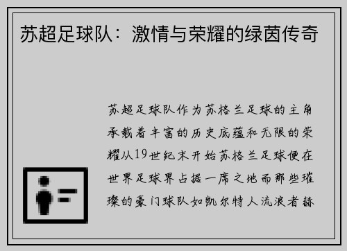 苏超足球队：激情与荣耀的绿茵传奇