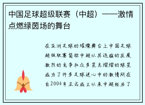 中国足球超级联赛（中超）——激情点燃绿茵场的舞台