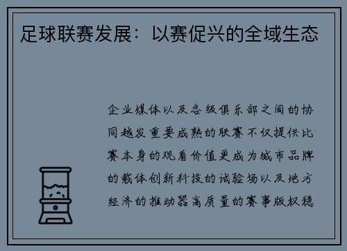 足球联赛发展：以赛促兴的全域生态
