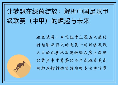 让梦想在绿茵绽放：解析中国足球甲级联赛（中甲）的崛起与未来