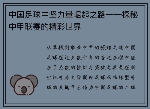 中国足球中坚力量崛起之路——探秘中甲联赛的精彩世界 中国足球中坚力量崛起之路——探秘中甲联赛的精彩世界